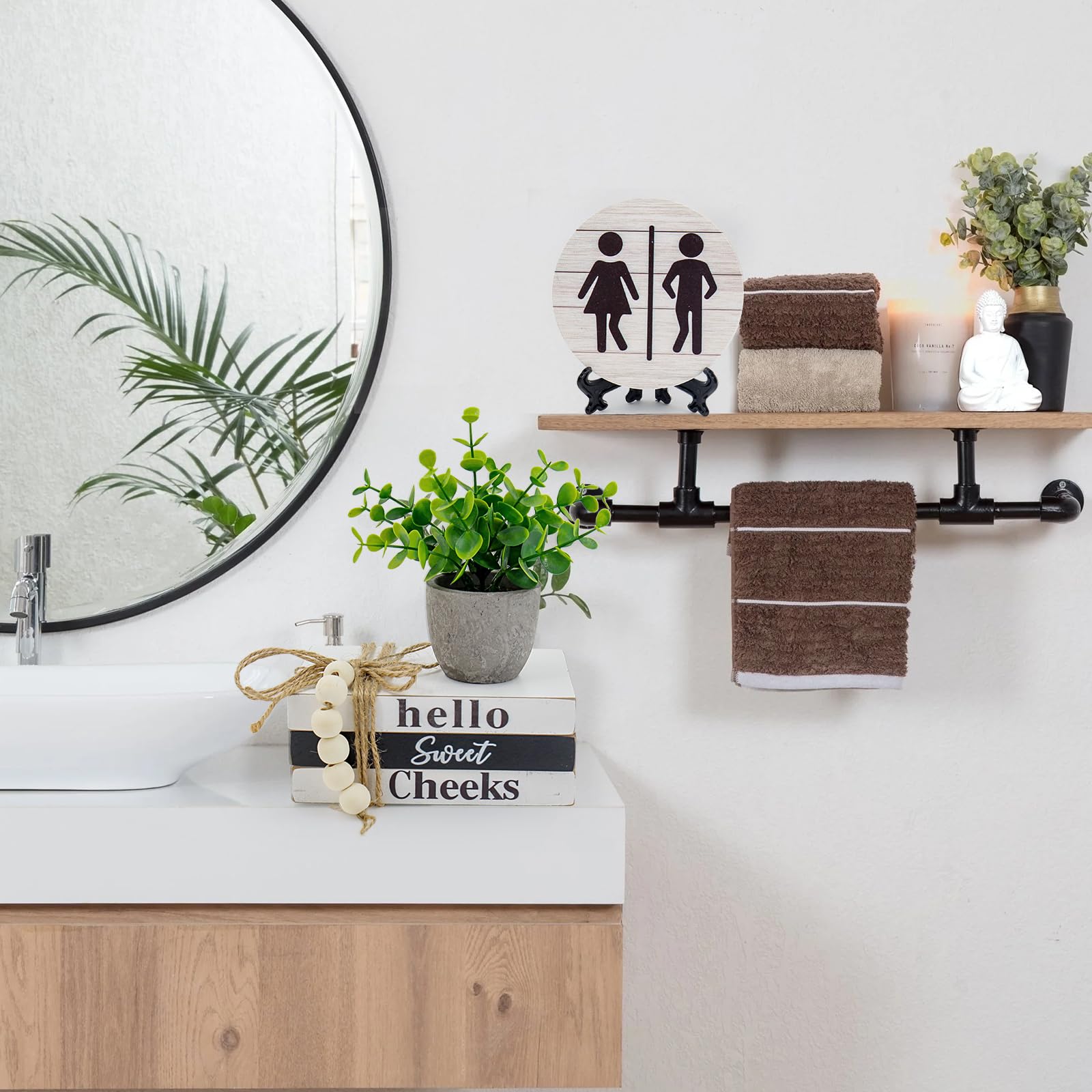 Lebsitey Hello Sweet Cheeks sign adds playful personality to the restroom.