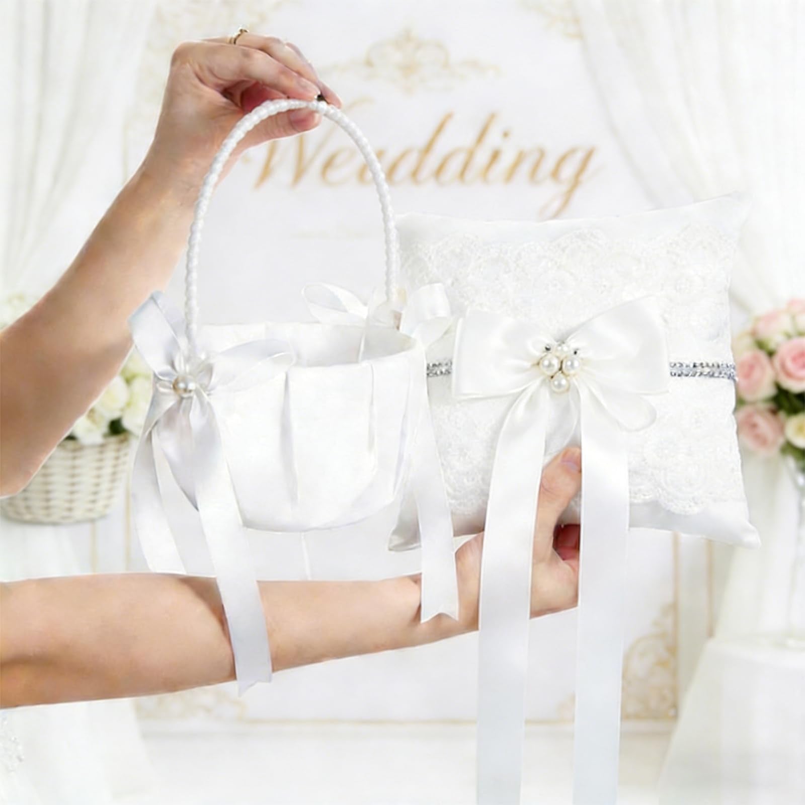 Lebsitey ivory pearl bow basket with delicate detailing adds romantic aisle charm