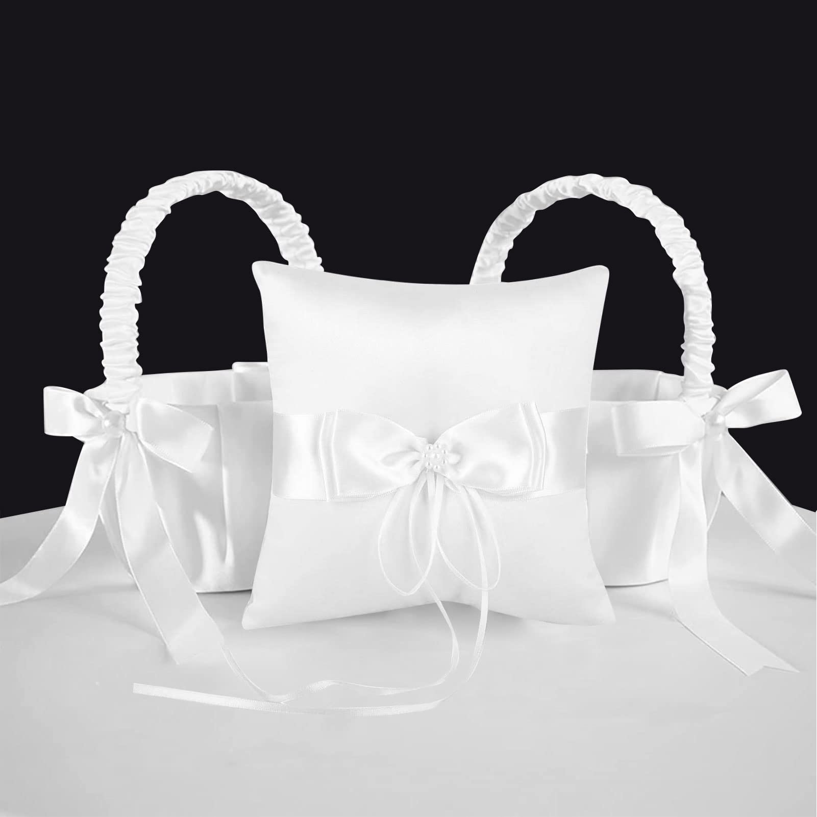 Lebsitey two white satin flower girl baskets with bowknot, ideal for elegant petal scattering.