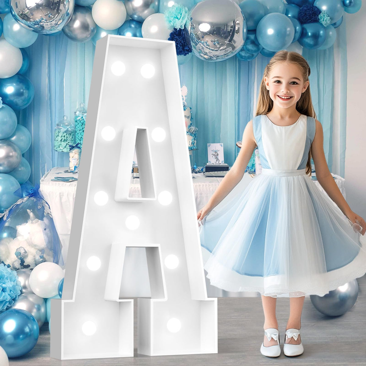 Ledido 4FT marquee letter A glowing on a festive backdrop