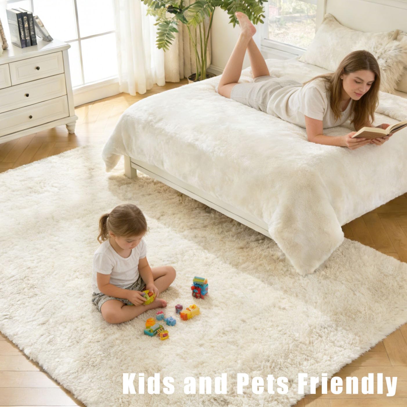 LEDODO White Fluffy Rug with non-slip backing helps keep rugs in place.