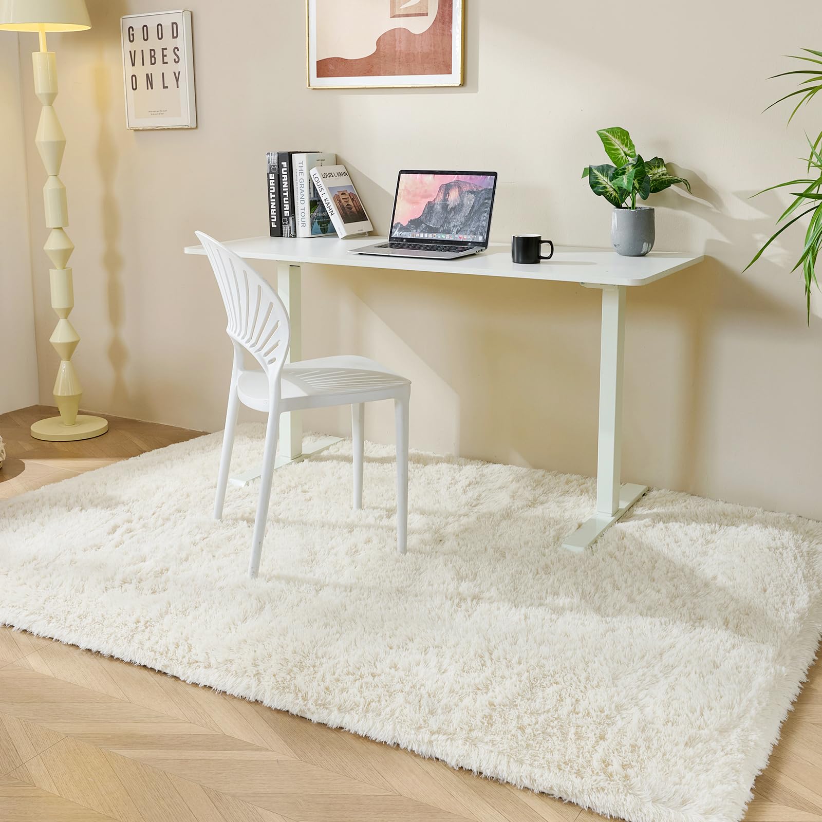LEDODO White Fluffy Rug close-up shows 1.5 inch plush and soft texture.
