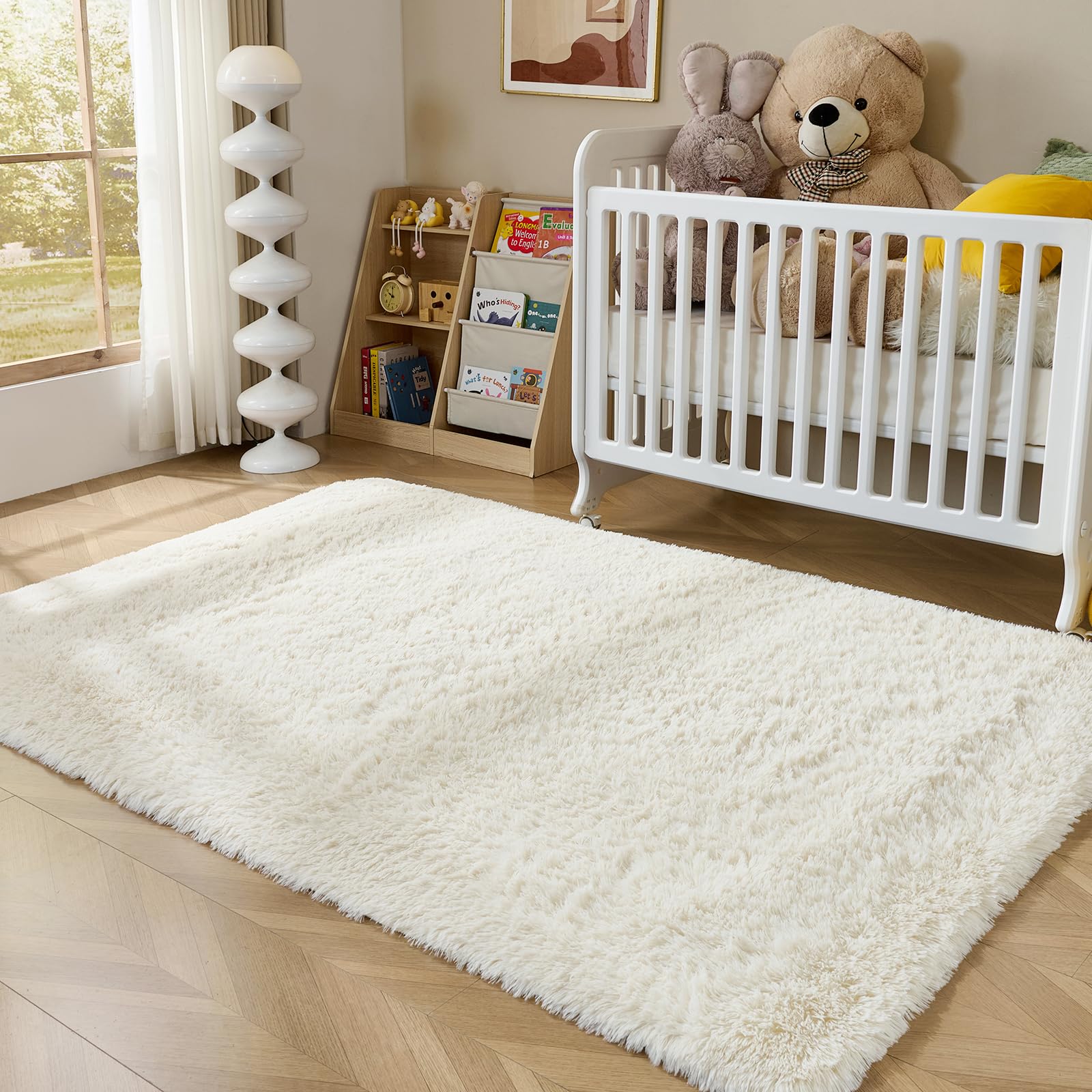 LEDODO White Fluffy Rug in a playroom creates a warm, tactile surface for activities.