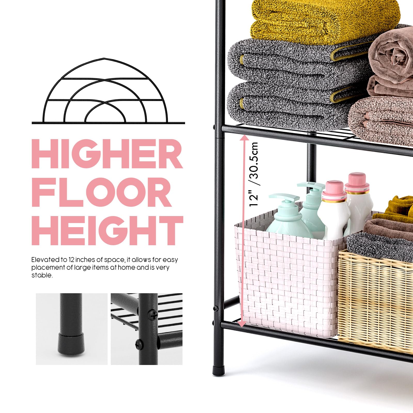 Leeda Made black finish shelving in a bathroom to organize essentials.
