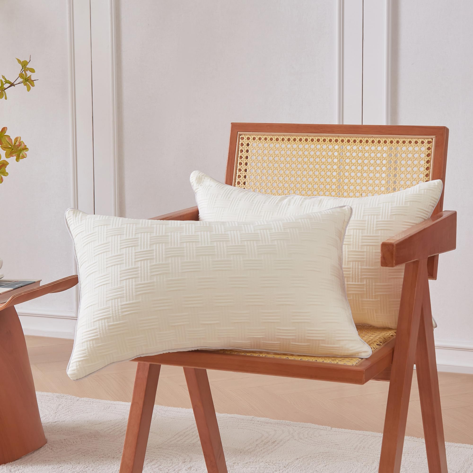 Leeden 12x20 on bed with beige pillowcase for relaxing decor