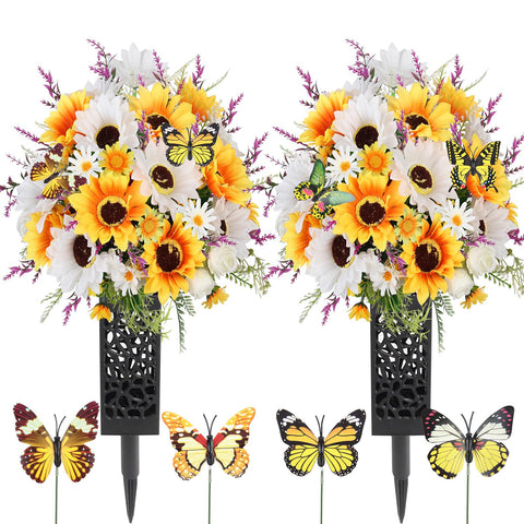 LELEE artificial cemetery bouquet with sunflowers and daisies for lasting grave decoration.