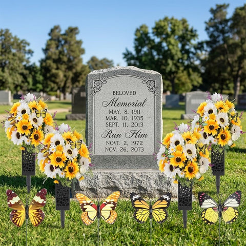 LELEE stems with ground stakes provide stable placement at outdoor gravesites.