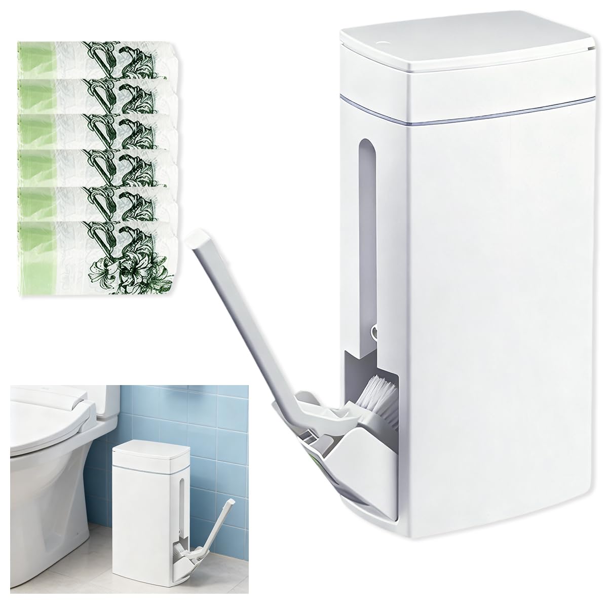 Leemeexaa trash can with integrated toilet brush in a compact bathroom.
