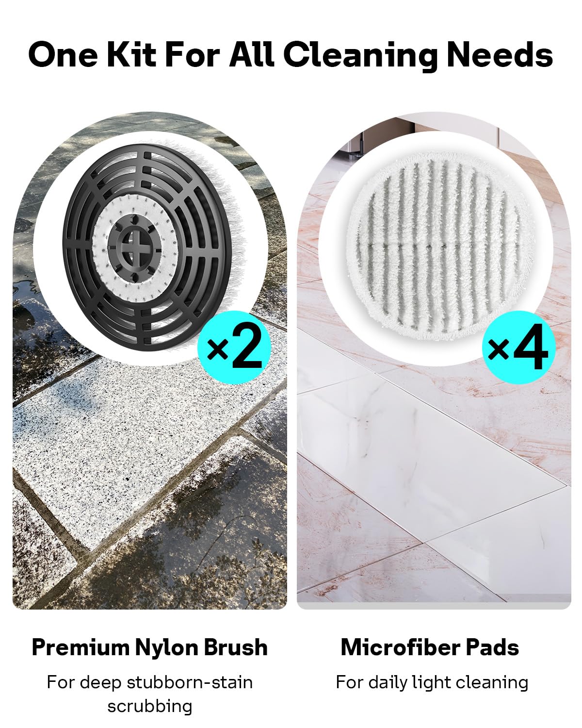 Leemone deep-clean sequence uses nylon brushes then microfiber pads.