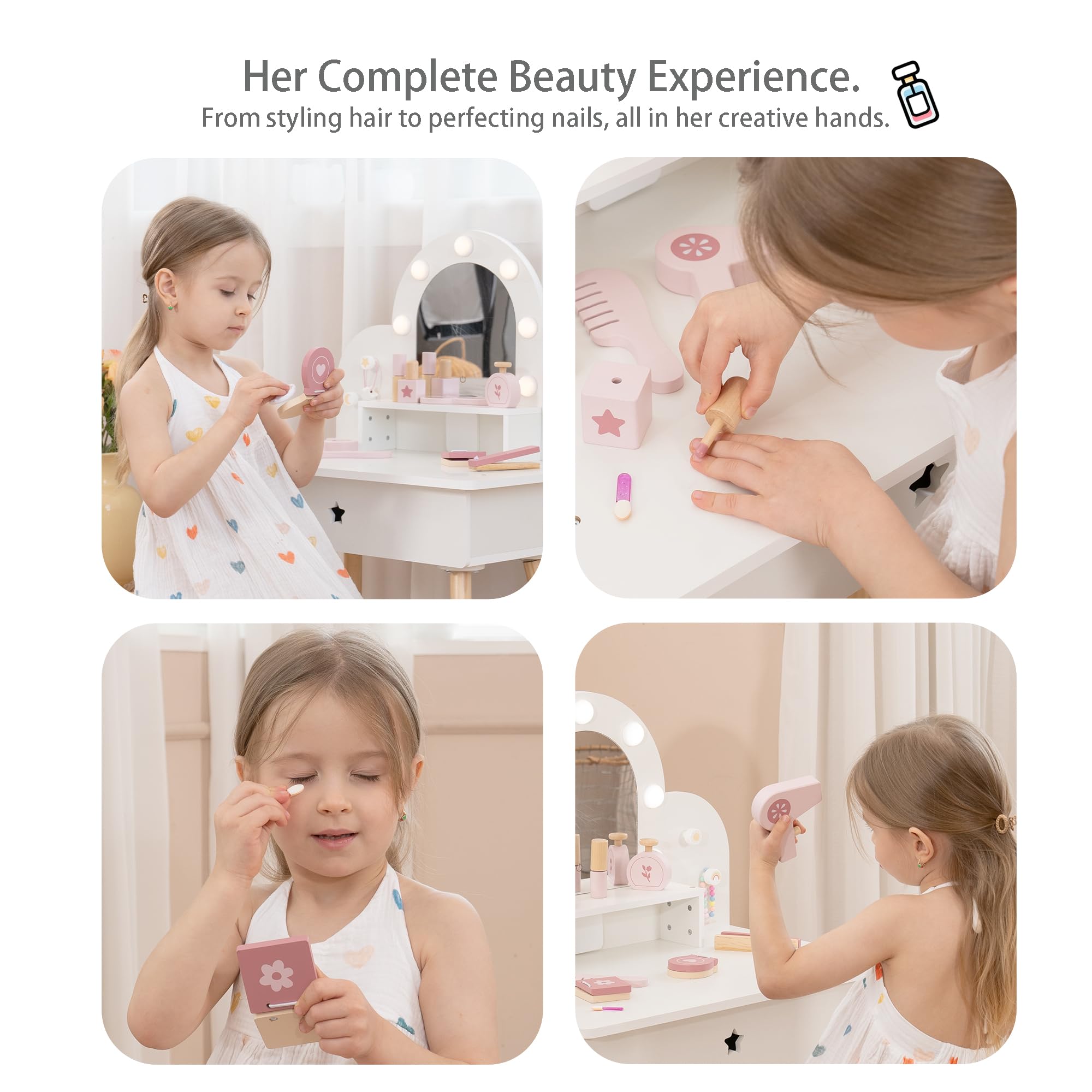 Leeshyah Kids Vanity Set fits neatly in bedrooms or playrooms for easy setup