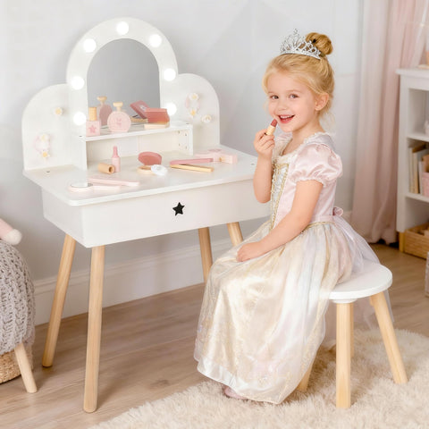 Leeshyah Kids Vanity Set with light mirror showing three color options for imaginative play