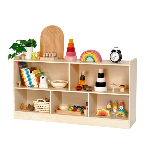 Leeshyah wooden toy shelf front view showing accessible storage for kids.