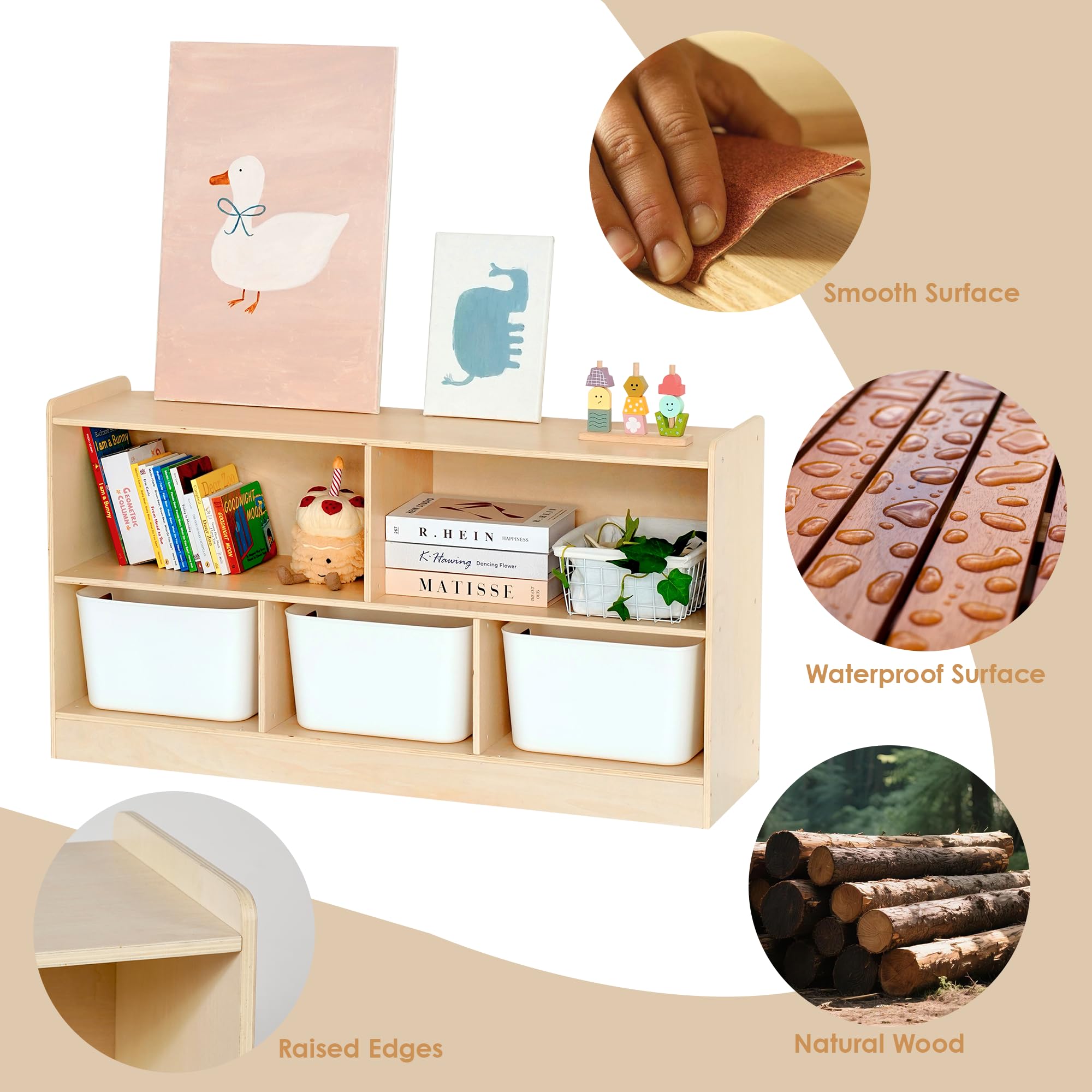 Leeshyah wooden toy shelf mounted at child height to foster independence.