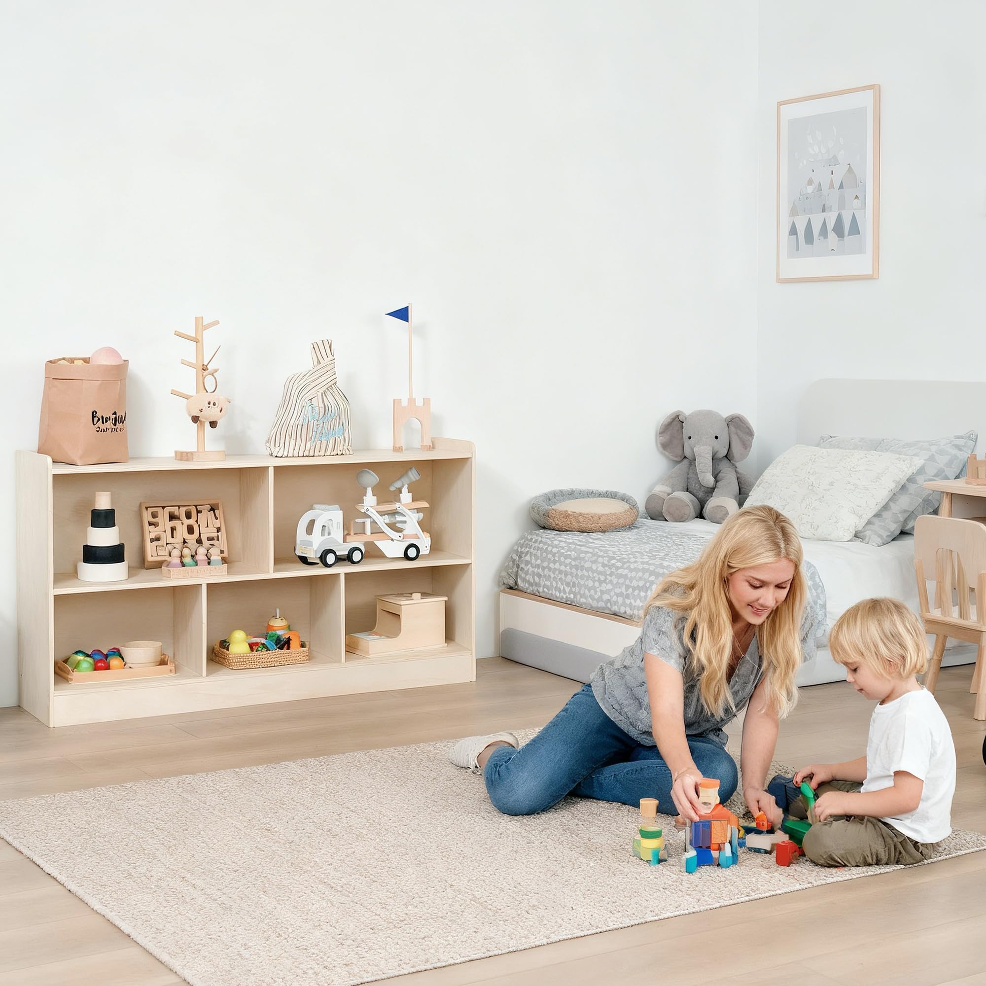 Leeshyah wooden toy shelf with open shelves for books and blocks.