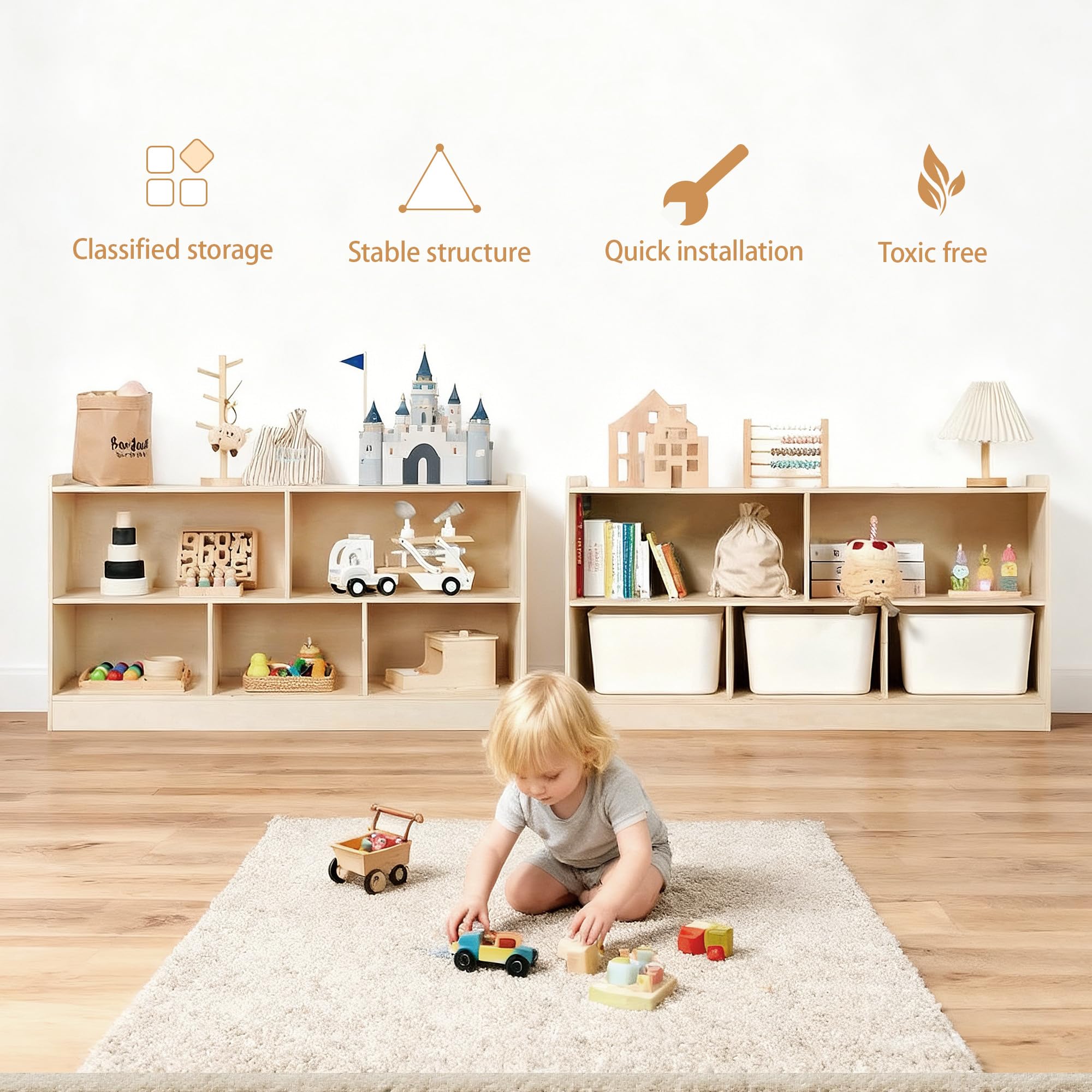 Leeshyah wooden toy shelf with rounded edges for safe playtime organization.