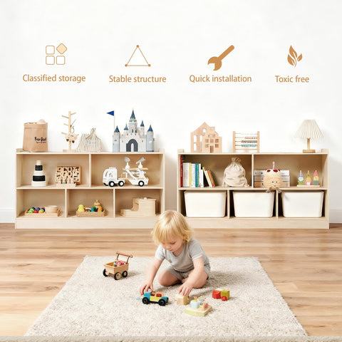 Leeshyah wooden toy shelf with rounded edges for safe playtime organization.