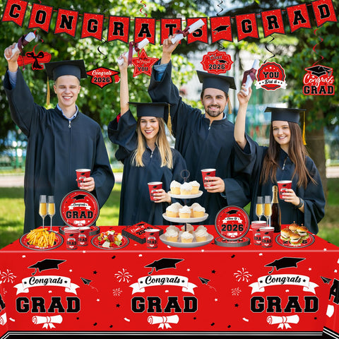 Leetous congrats grad banner creates a focal celebration moment for photos.