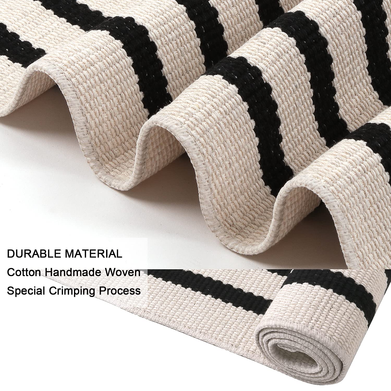 LEEVAN Black and White striped rug for stylish entryways.