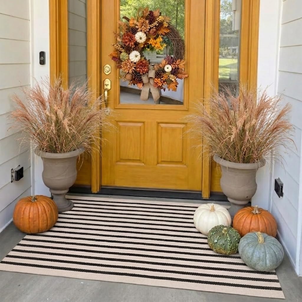 LEEVAN Washable Proch Rug front porch decor with durable cotton weave and easy cleaning.