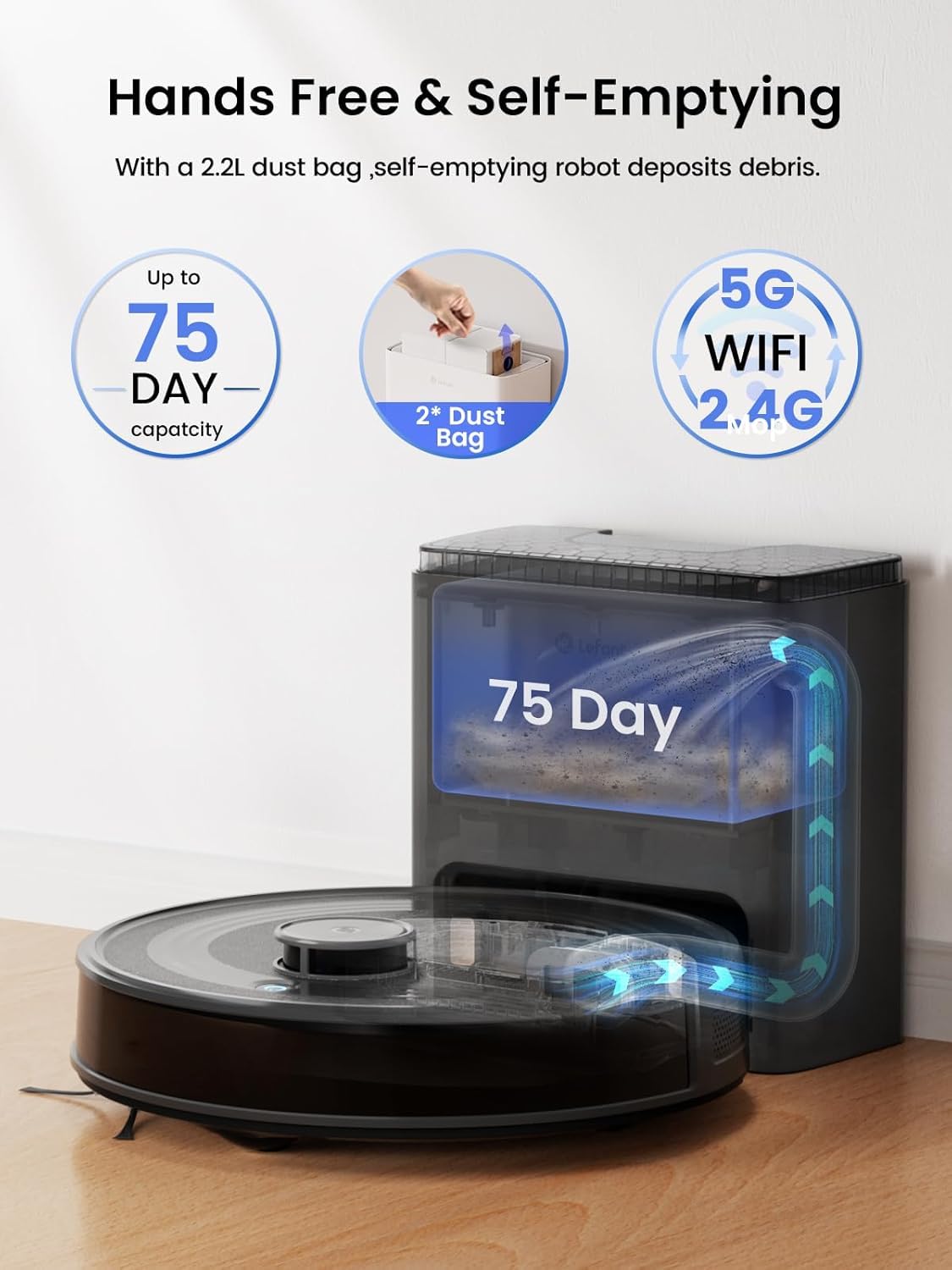 Lefant M2 Plus 6000Pa suction powers away hair and debris on floors.