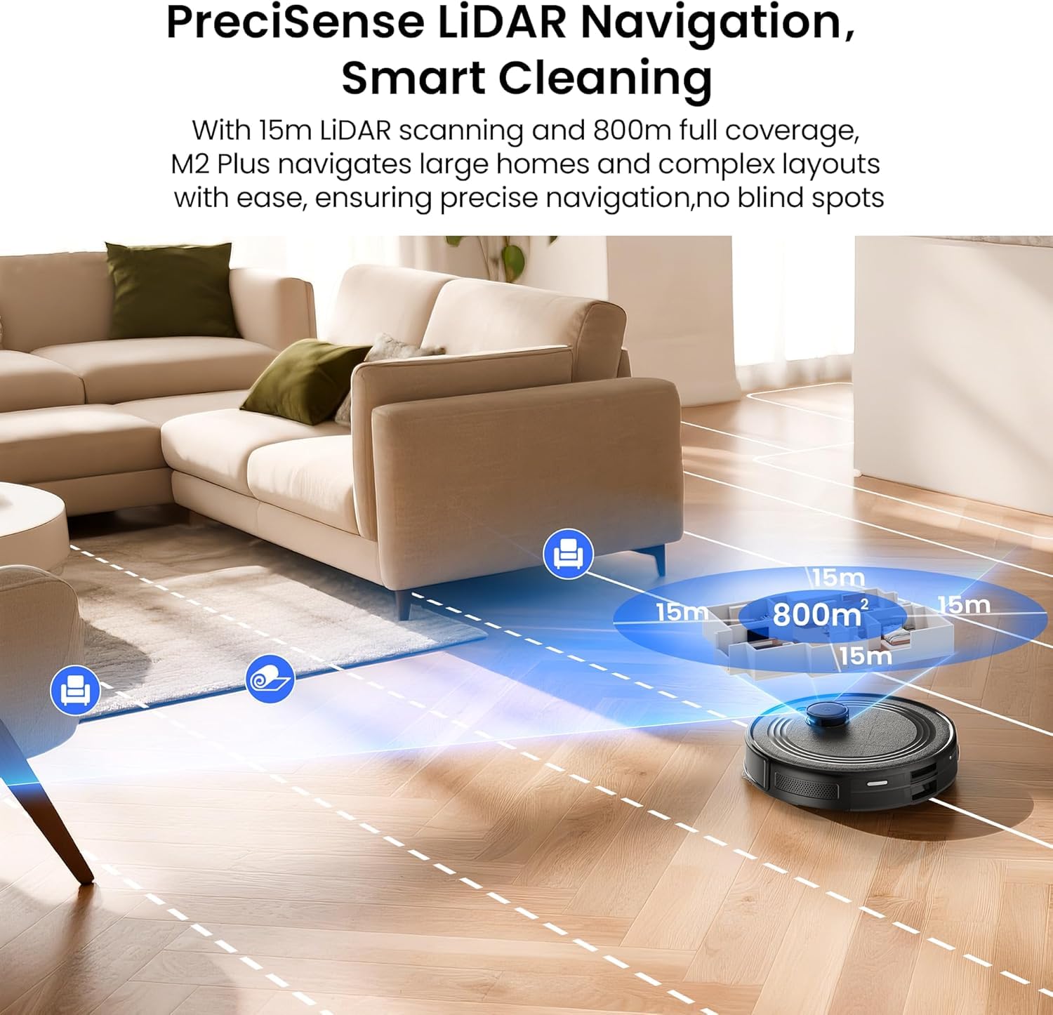 Lefant M2 Plus LiDAR navigation maps rooms for efficient daily cleaning.