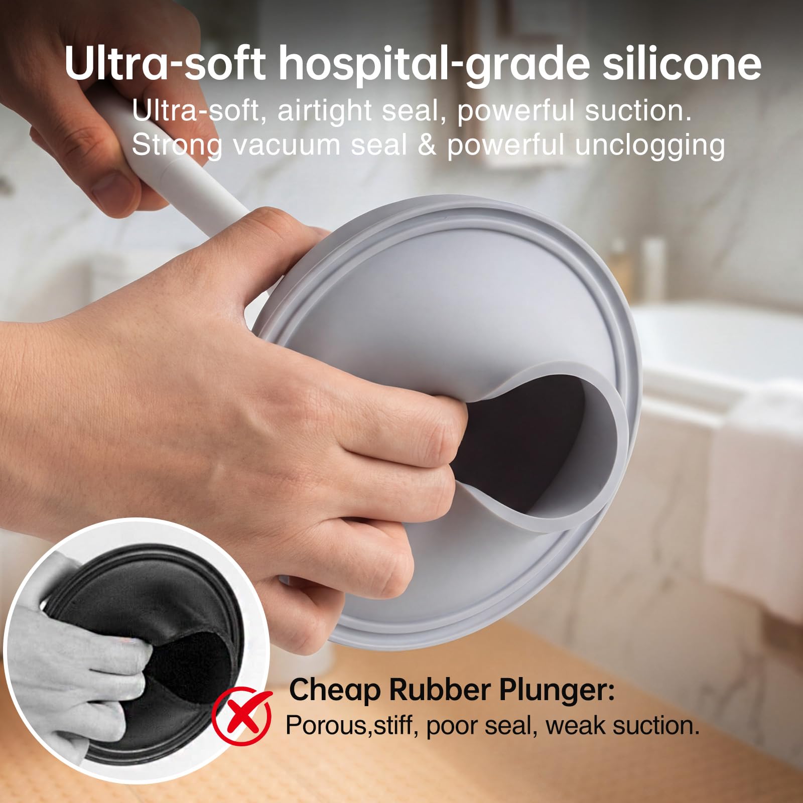 Lefree plunger close-up showing rubber seal for efficient drainage.