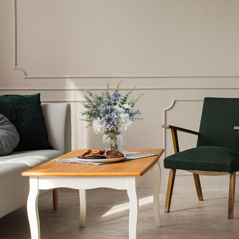 Leftover artificial dahlia bouquet with stems adds instant greenery to living rooms.