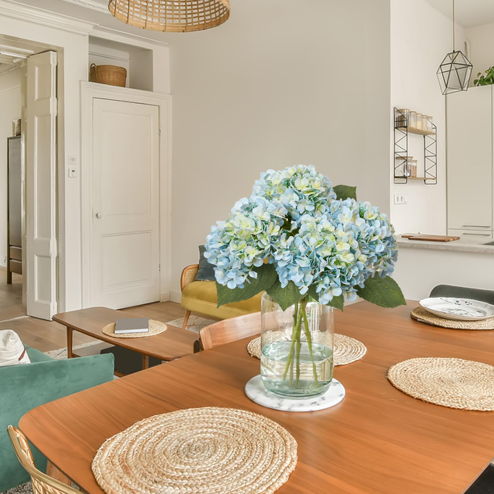 Leftover hydrangea blooms brighten bedroom decor.