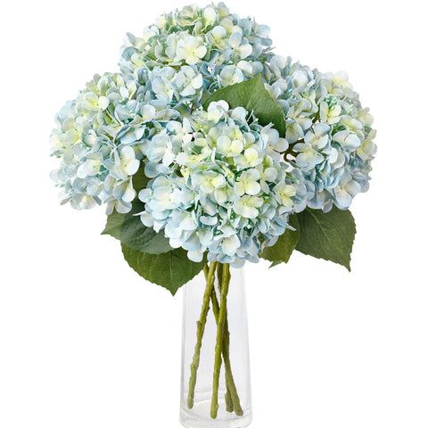 Leftover light blue hydrangea bouquet for table centerpieces with lifelike petals.