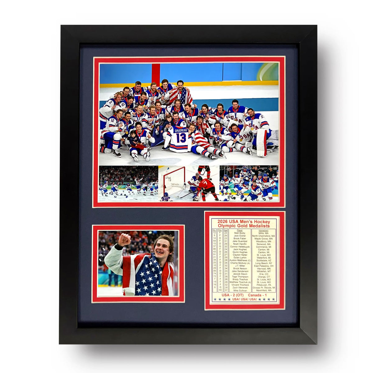 Legends Never Die 12x15 framed collage of USA Hockey 2026 gold medal moments for wall display