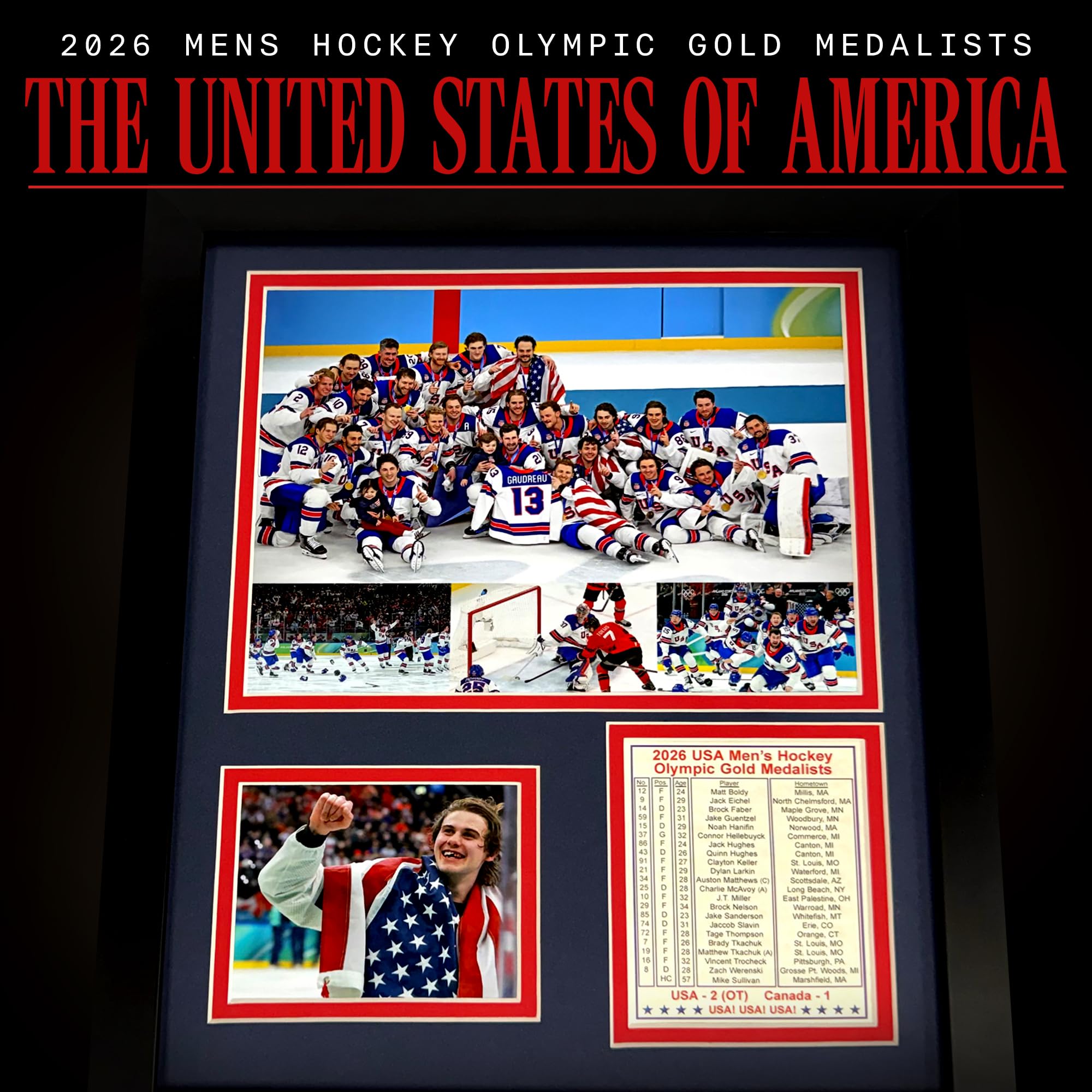 Legends Never Die 18x22 framed collage of USA Hockey 2026 gold medal moments for a larger display