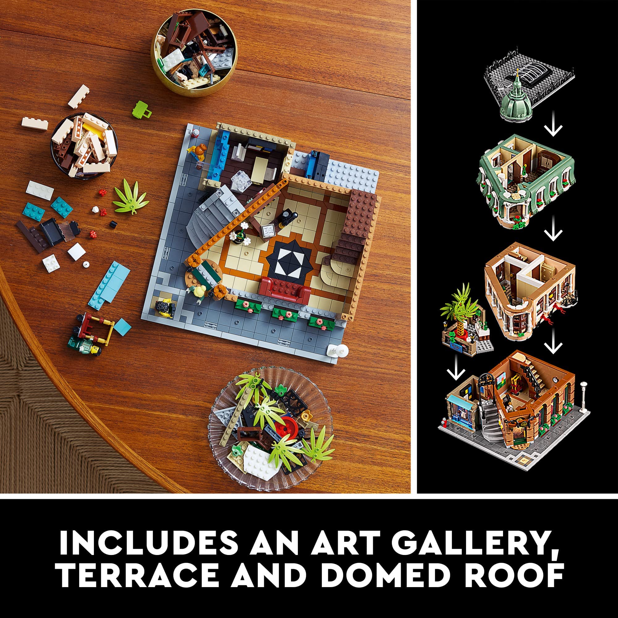 LEGO Icons Boutique Hotel lobby area with warm lighting and elegant decor.