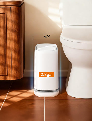 LEGUO slim bathroom trash bin fits tight corners between toilet and vanity.