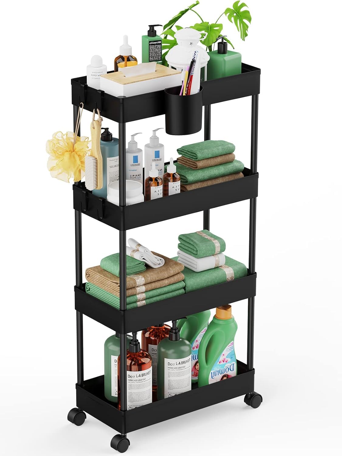 LEHOM Slim Rolling Cart with four tiers for bathroom storage.