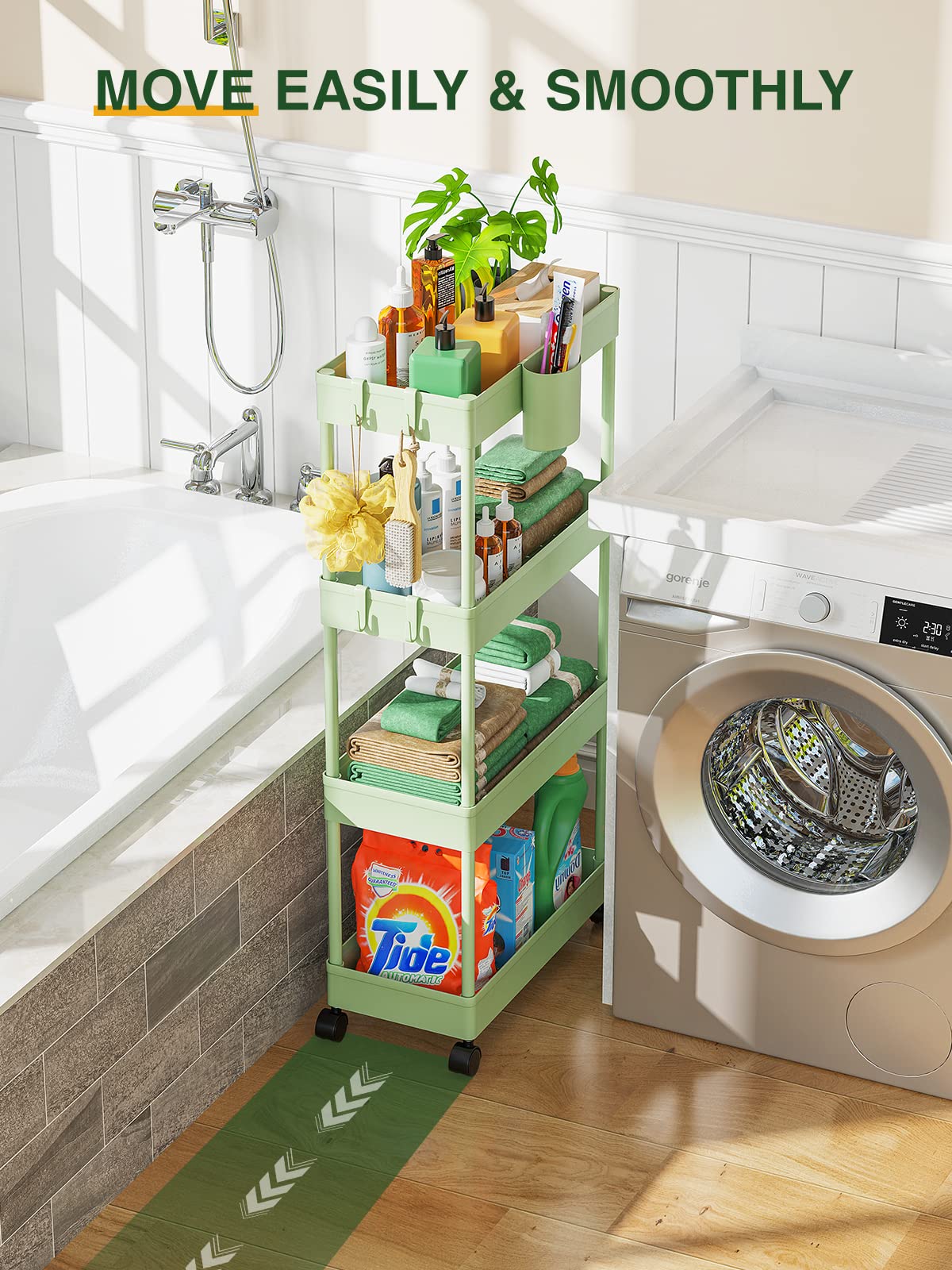 LEHOM four tier cart provides bathroom or kitchen storage on demand.