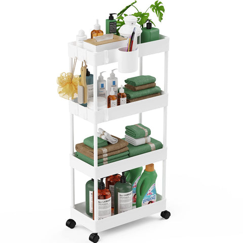 LEHOM slim rolling storage cart with four tiers fits tight spaces between appliances.