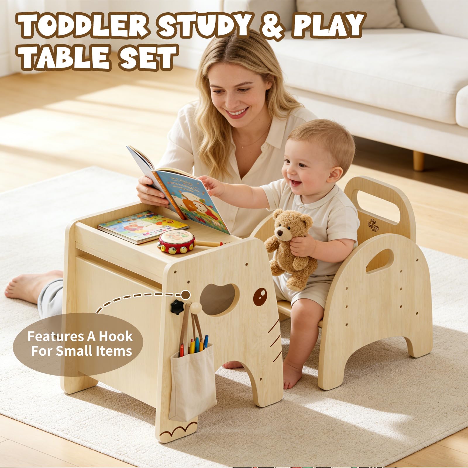 Lehoo Castle table and chair set used for self-feeding and snack time.