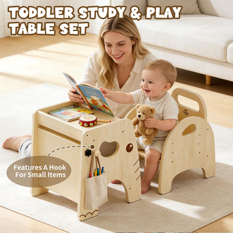 Lehoo Castle table and chair set used for self-feeding and snack time.