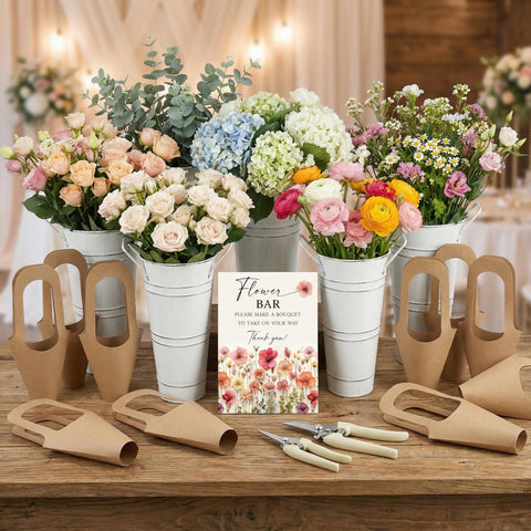 Leifide Flower Bar Buckets set with vintage white buckets for DIY bouquets.