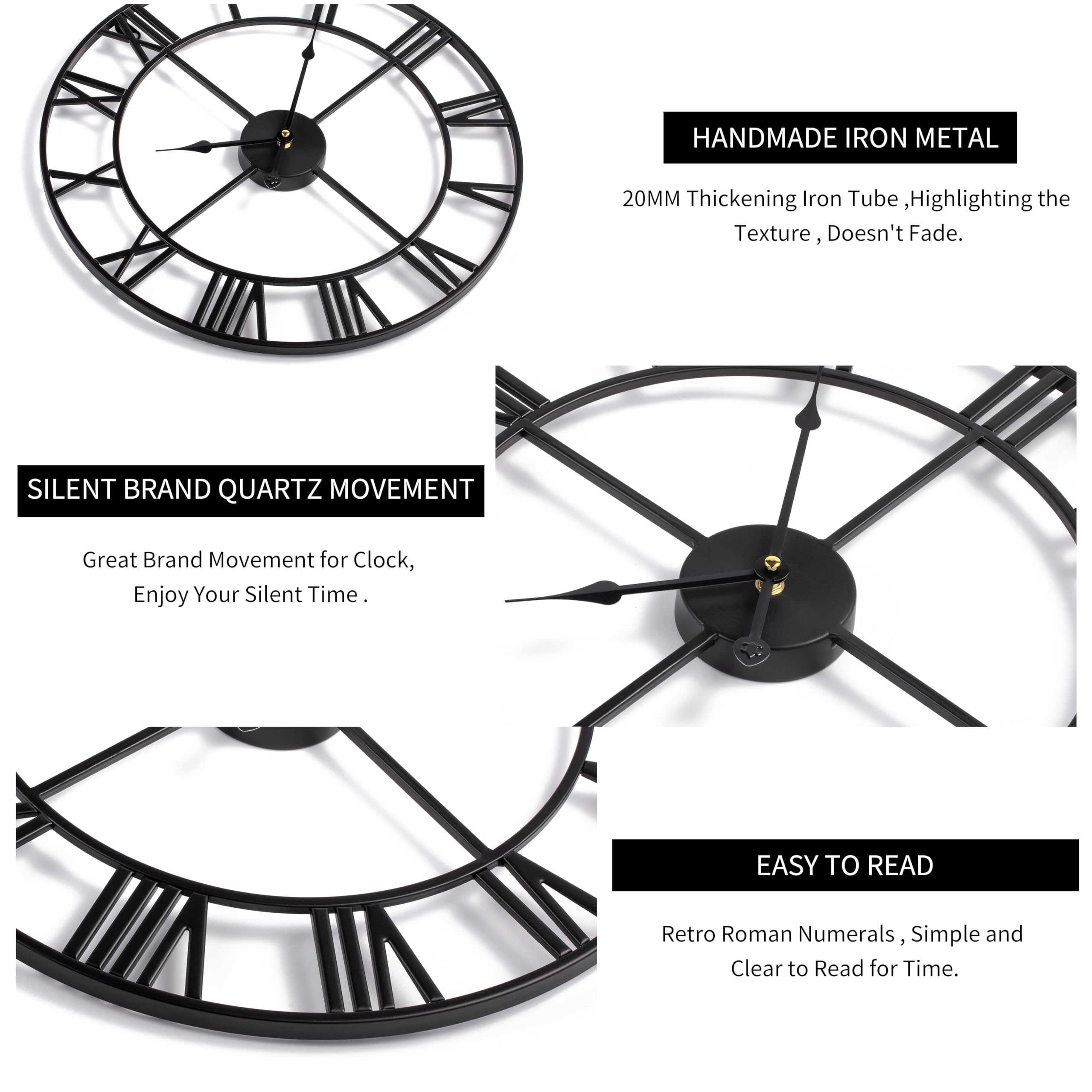 LEIKE large wall clock metal frame close-up shows hollow retro style