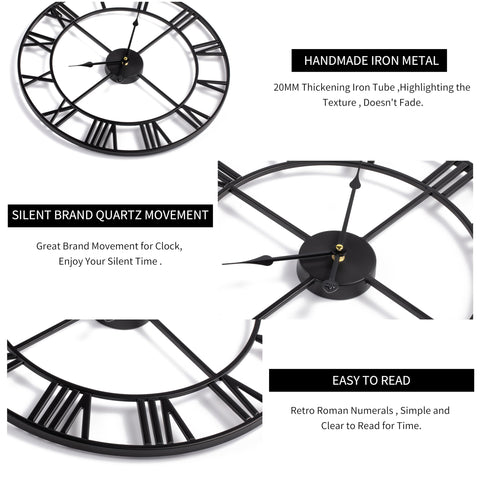 LEIKE large wall clock metal frame close-up shows hollow retro style