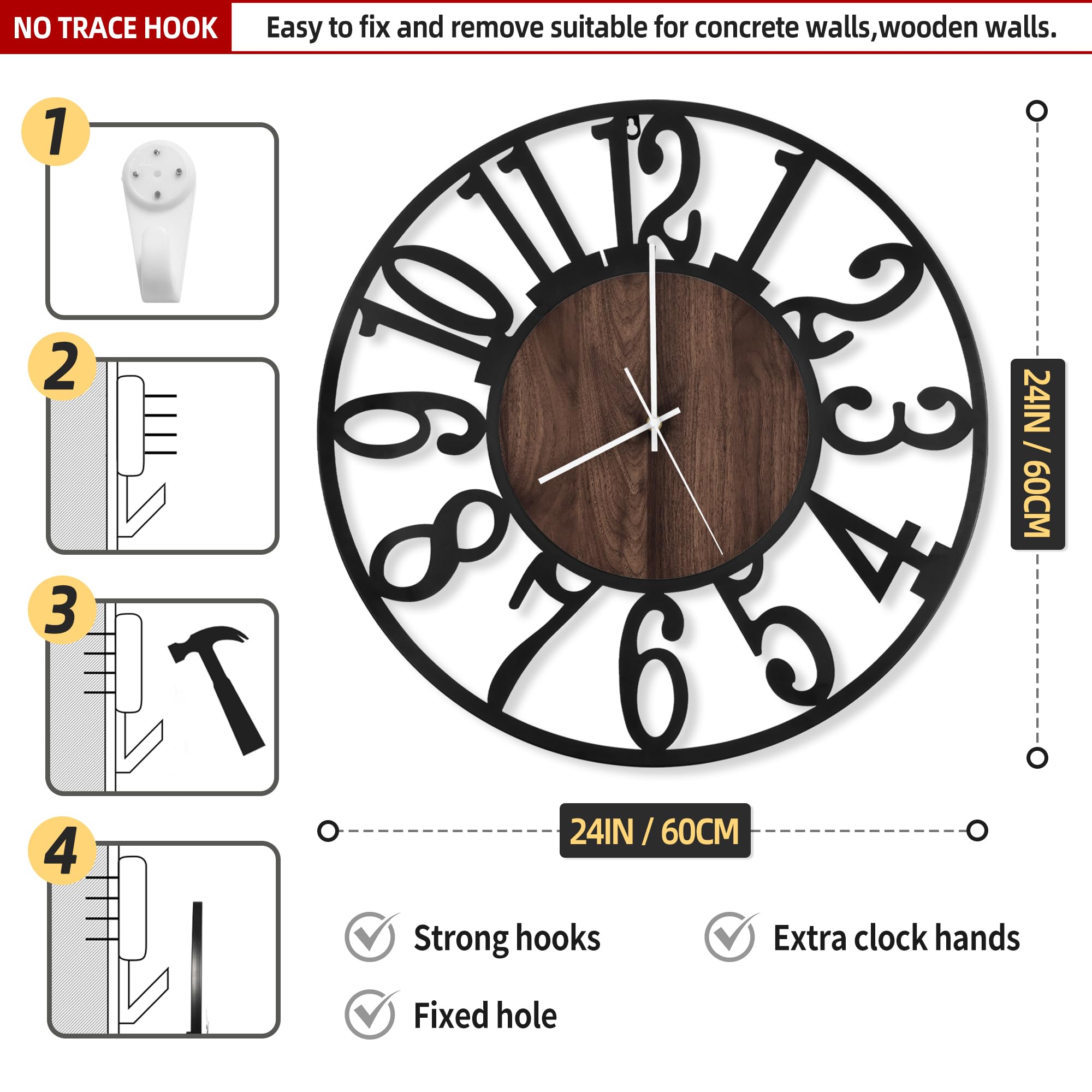 LEIKE large wall clock rustic black metal frame with wooden face