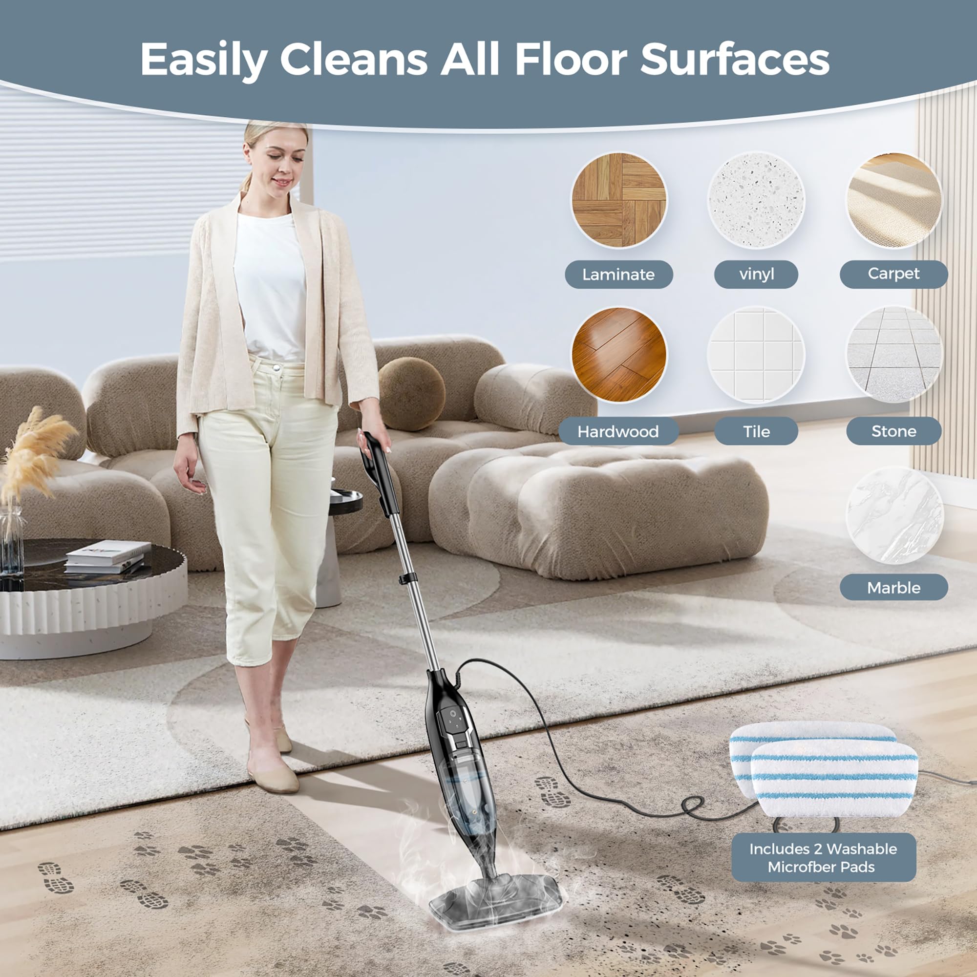 Leiksen steam mop self standing design for tidy storage