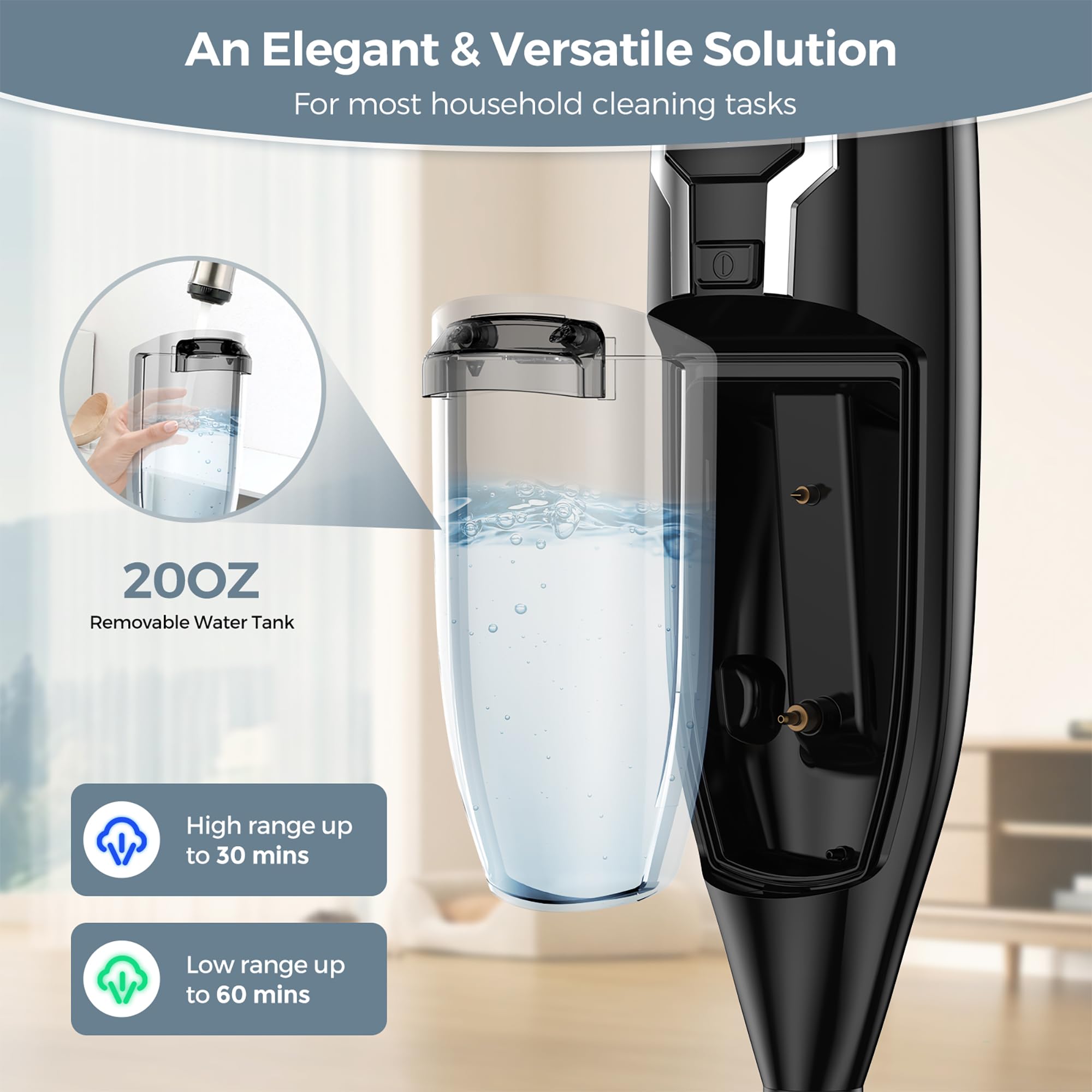 Leiksen steam mop detachable tank for easy refills during cleaning