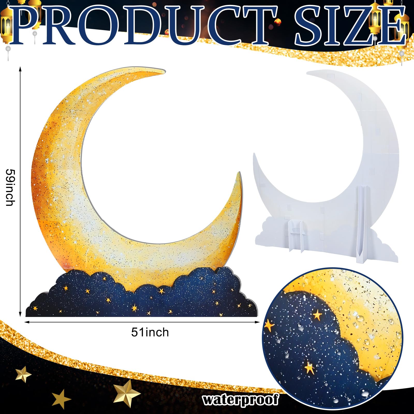 Leinuosen crescent moon standup in gold, ideal for event decorations and a stage focal point.