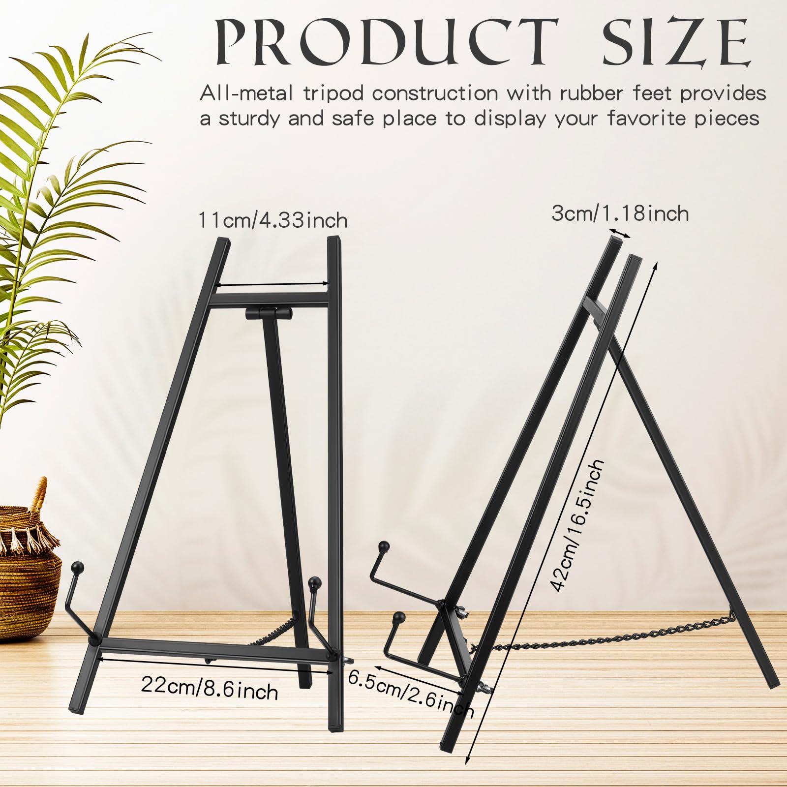 Leinuosen metal easel stand, side view, compact profile for space-saving setups