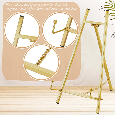 Leinuosen metal easel stand front view adds elegant gold display.