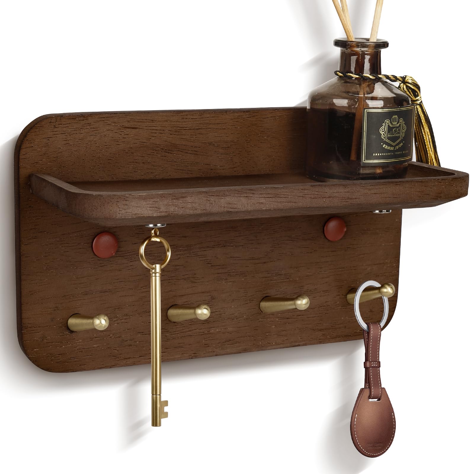 LEIRUOTM key holder wall mount with four brass hooks and hidden magnets for quick access.