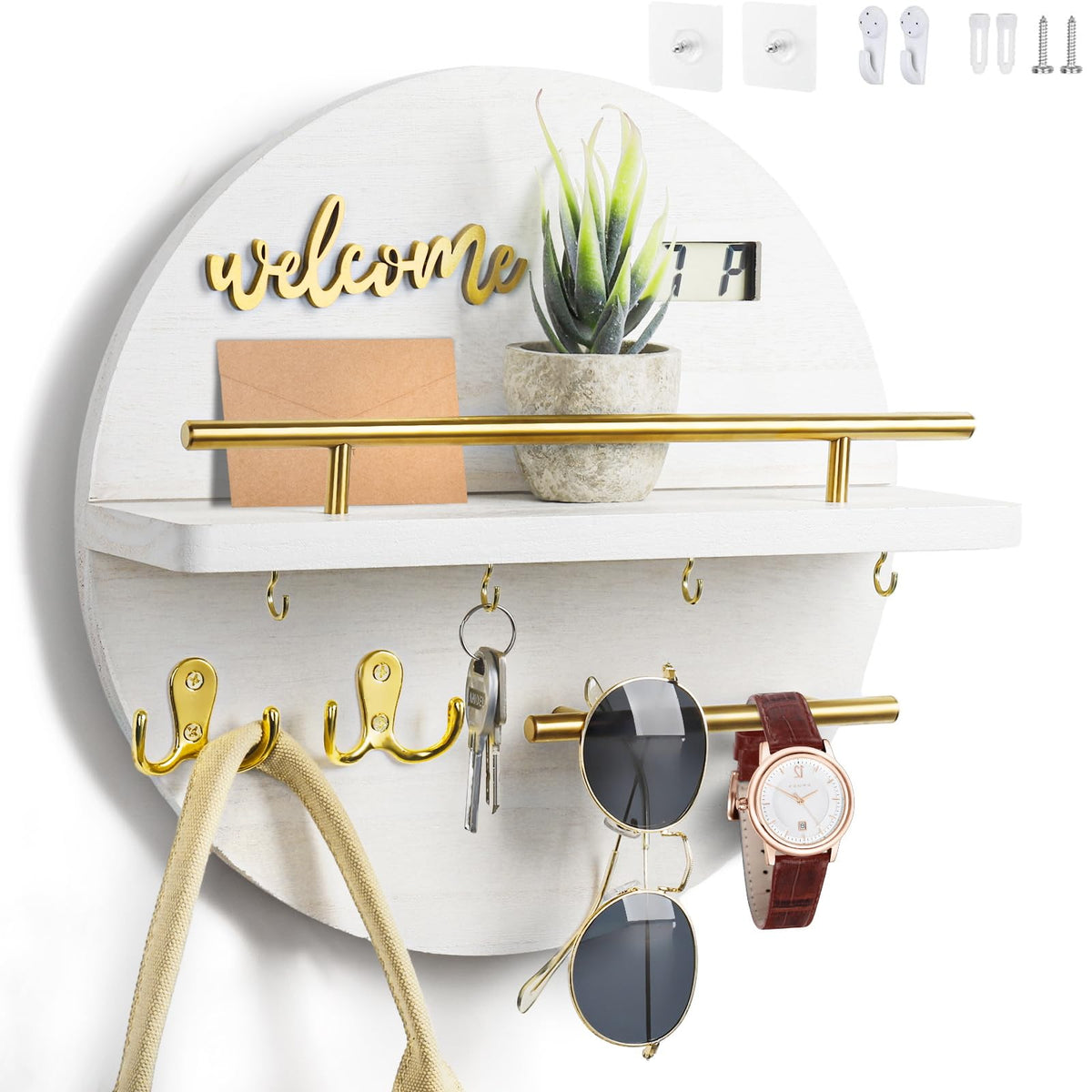 LEIRUOTM key holder wall round wooden white clock adds organized style to the entryway