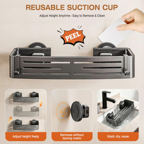 Removable, reusable design with drainage for tidy bath products